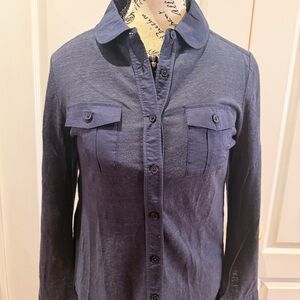 Tory Burch Mixed Media Linen Button Down Shirt Navy Size M